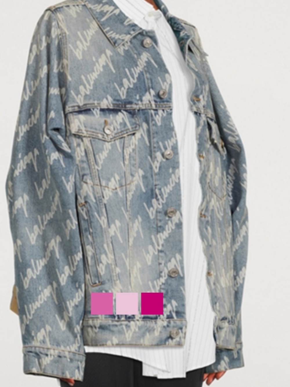 Balenciaga Light Blue Logo-Print Denim Jacket with Pink Accents